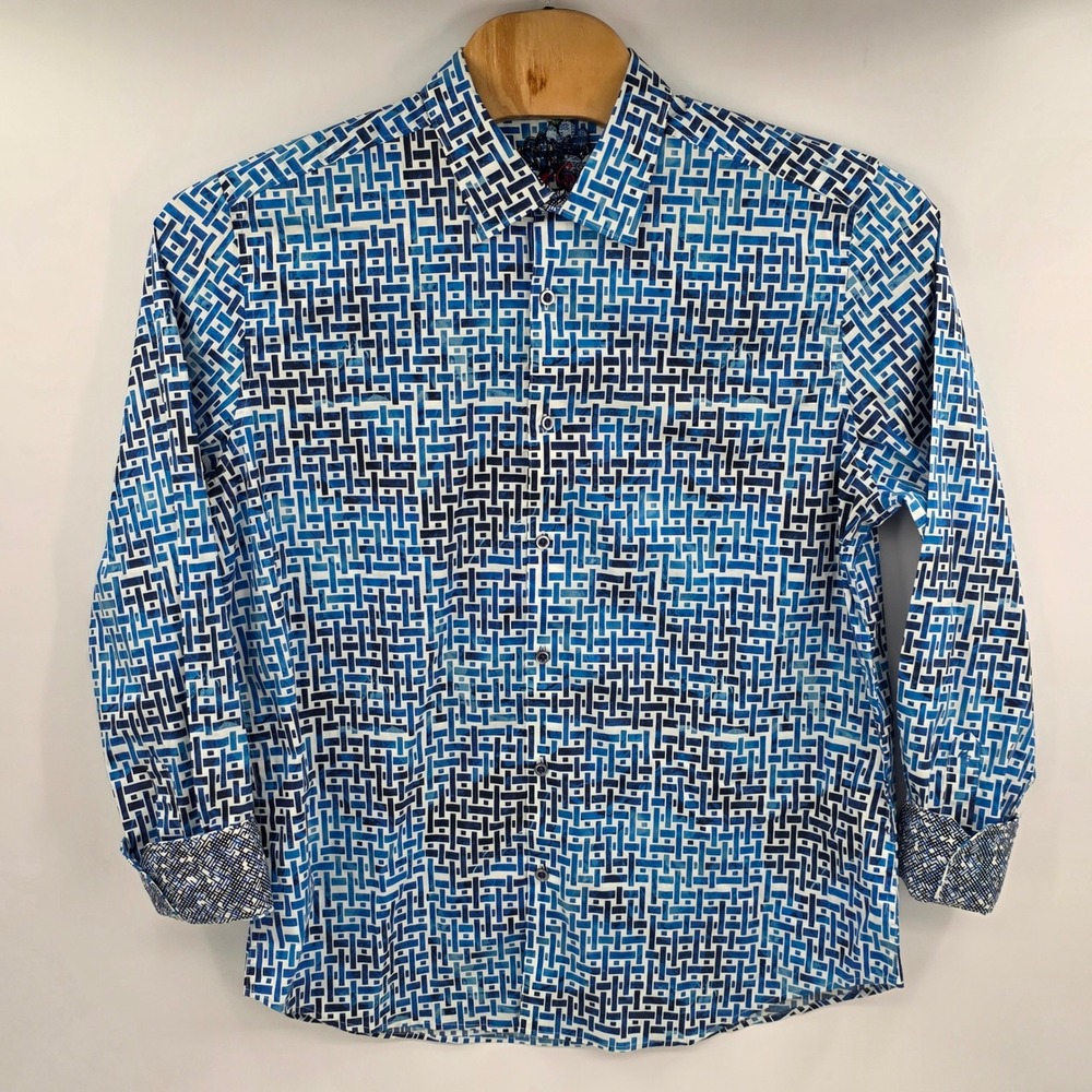Robert Graham Mens 2XL Blue Geometric Patterned Long Sleeve Button Down Shirt